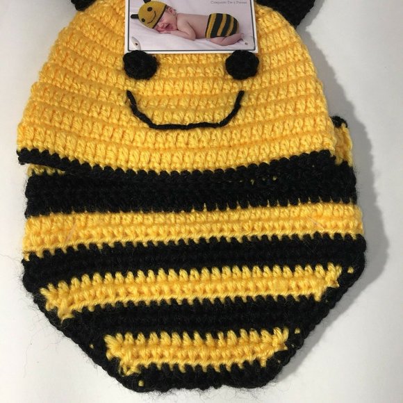 Hand Crocheted Hat And Diaper Cover Bumble Bee Sz 0-9 Months Infant Baby Photo - Picture 6 of 12